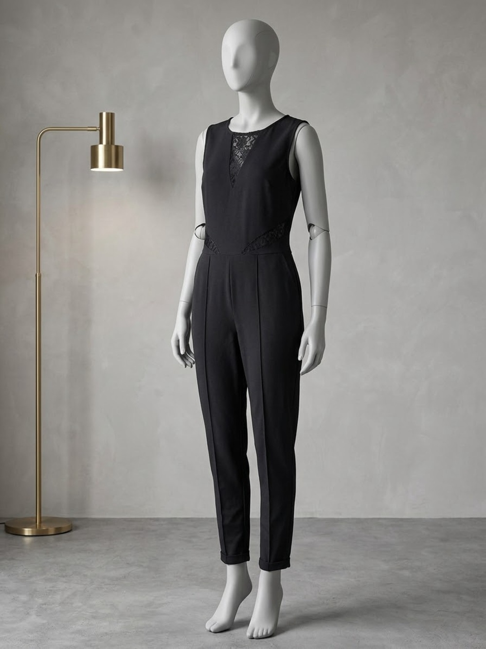 Zanzea Black Lace-Panel Sleeveless Jumpsuit